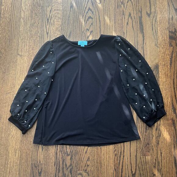 CeCe Women's Mixed Media Pearl-Stud Top in Rich Black - Small - Picture 3 of 9